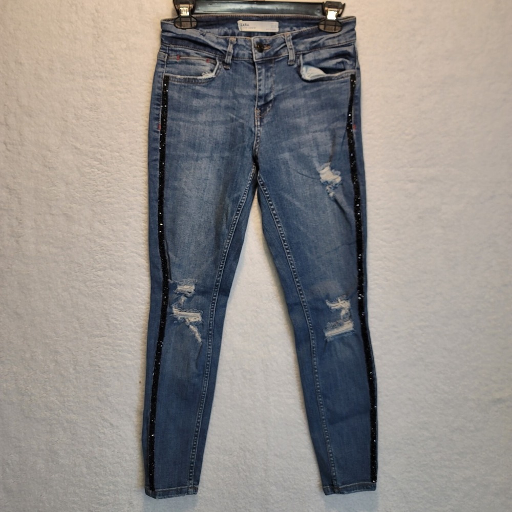 Zara Basic Denim Z1975 Jeans Skinny Leg Ankle Red Stripe Stretch Blue Women Sz 4